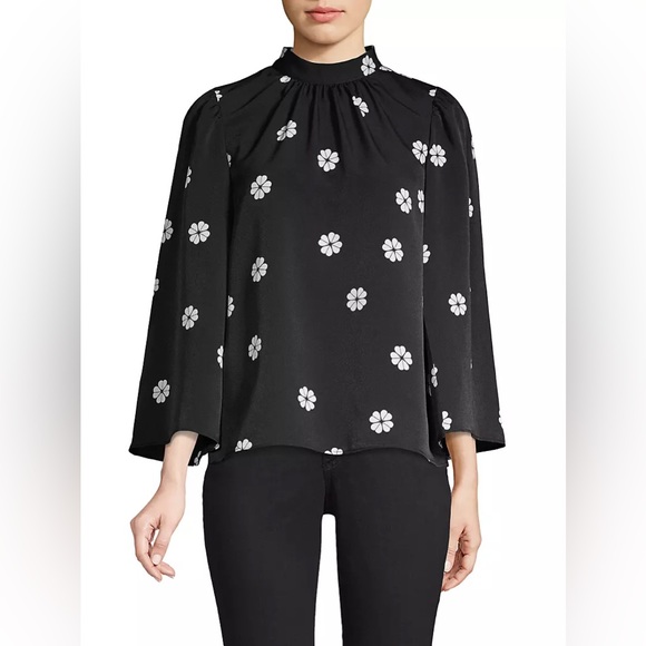Kate Spade Clover Long-sleeved Toss Blouse in Black with White Blossoms - Picture 3 of 8
